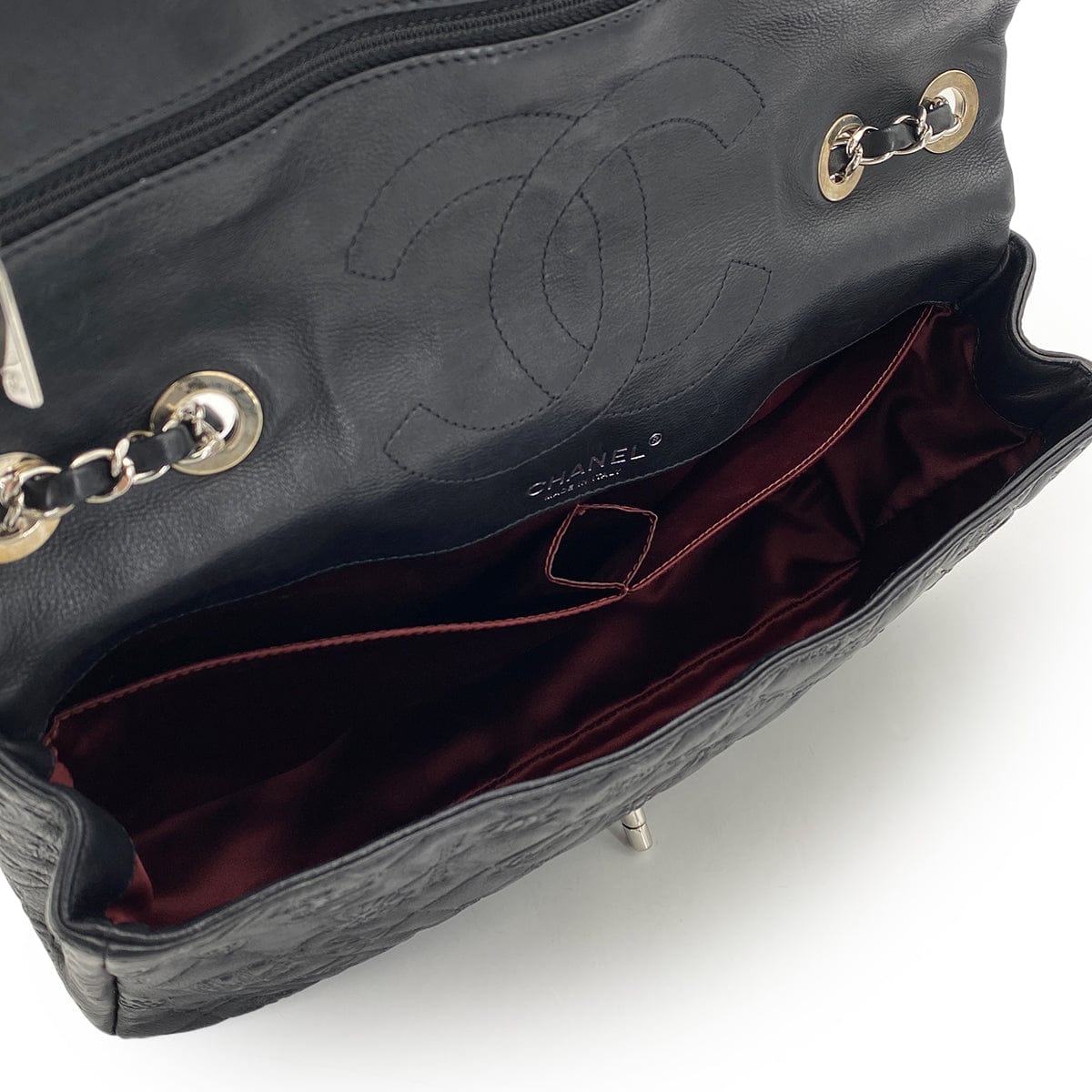 Luxury Promise Japan CHANEL MATELASSE ICON MOTIF CHAIN SHOULDER BAG BLACK LEATHER SILVER HARDWARE 90315022