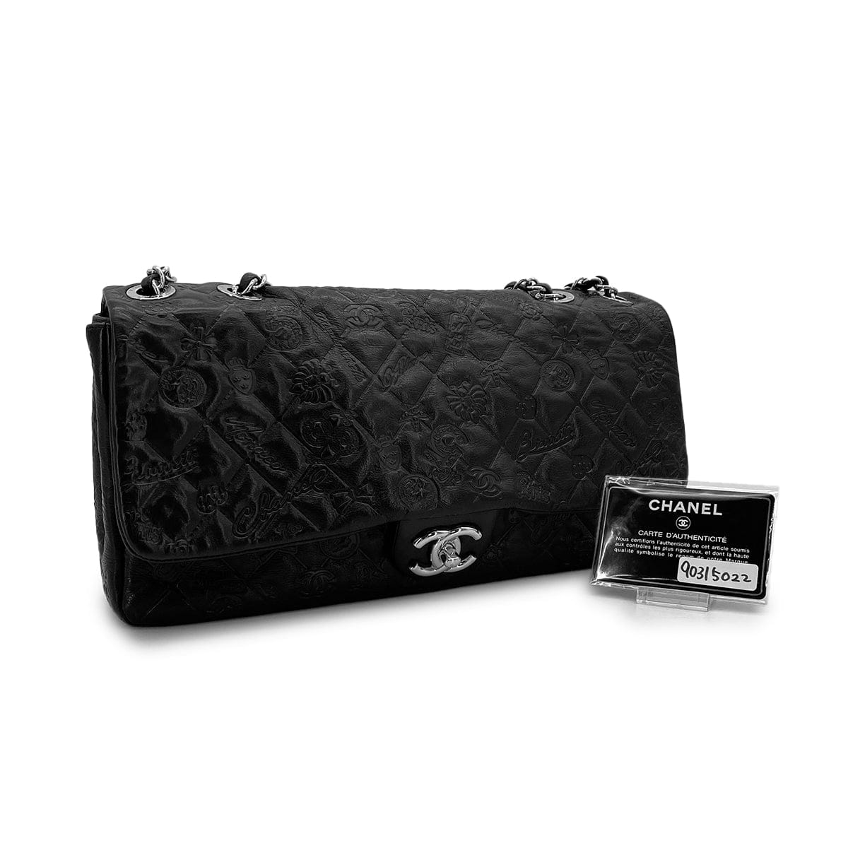 Luxury Promise Japan CHANEL MATELASSE ICON MOTIF CHAIN SHOULDER BAG BLACK LEATHER SILVER HARDWARE 90315022