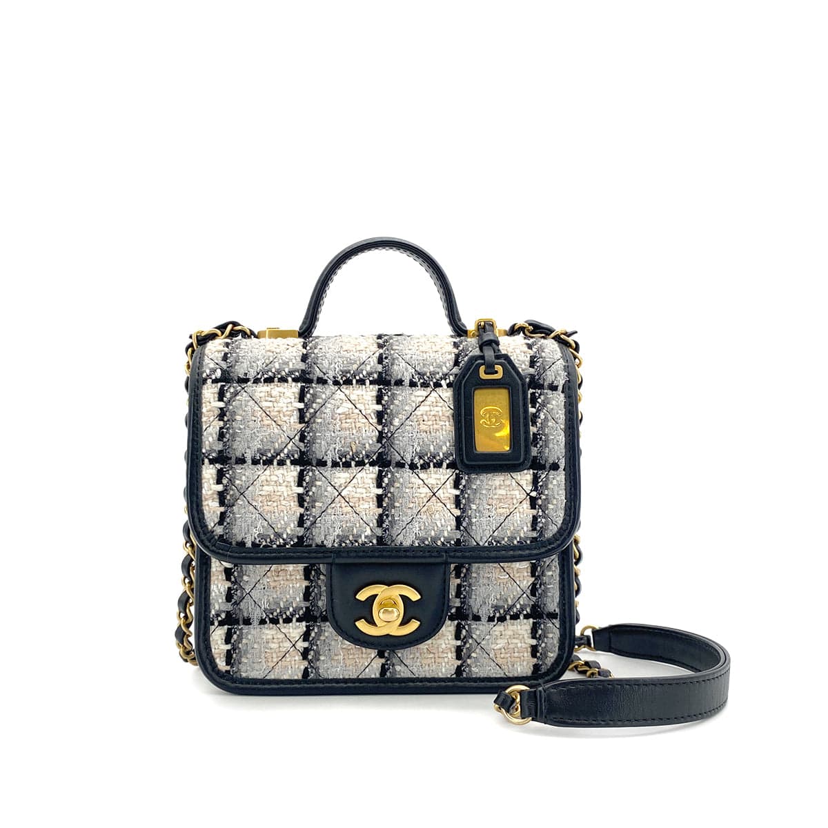 Luxury Promise Japan CHANEL MATELASSE TWEED CHAIN HAND SHOULDER BAG BEIGE BLACK GOLD HARDWARE 90324760