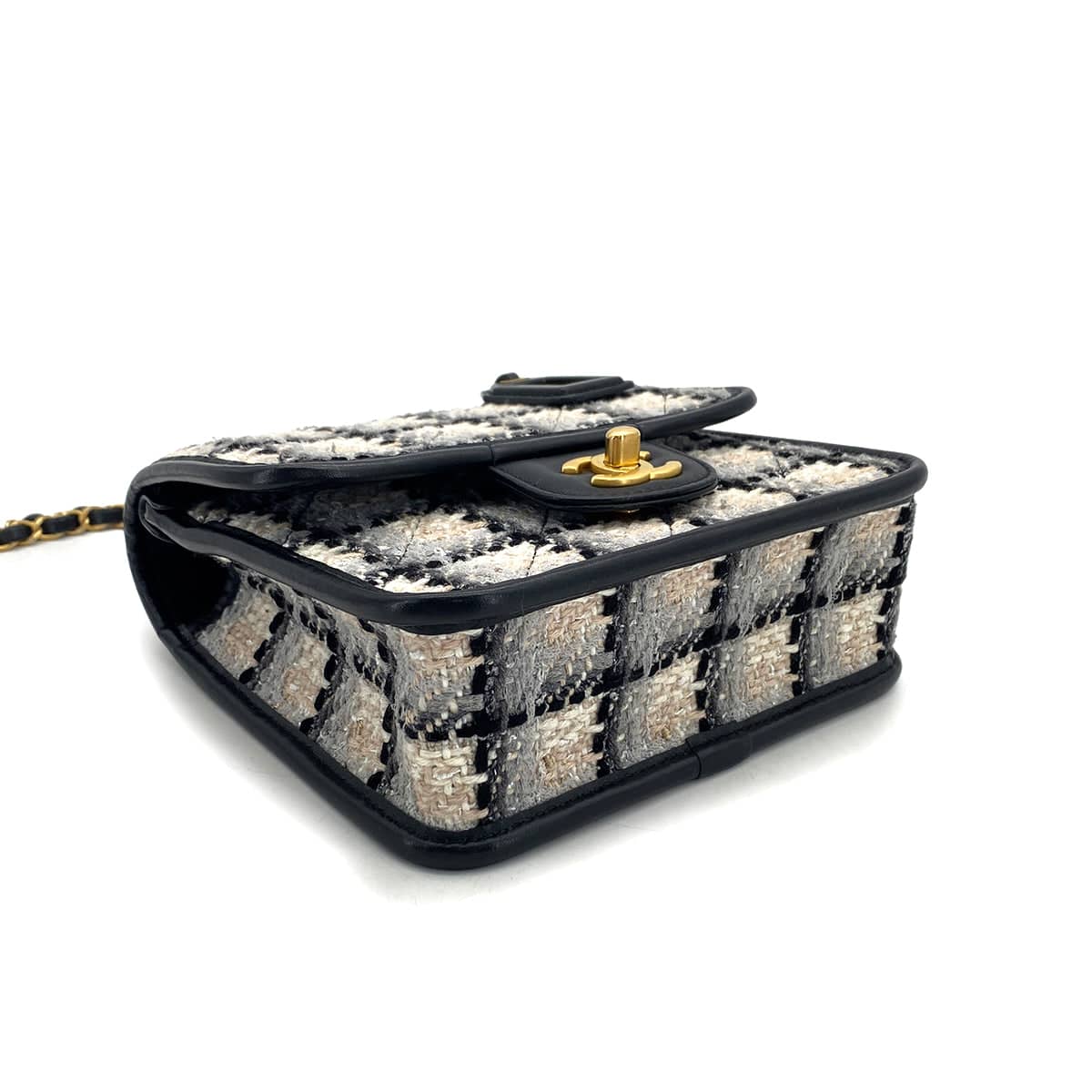 Luxury Promise Japan CHANEL MATELASSE TWEED CHAIN HAND SHOULDER BAG BEIGE BLACK GOLD HARDWARE 90324760