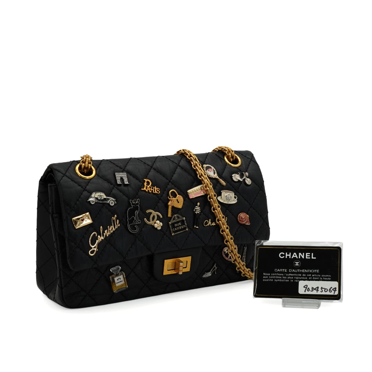 Luxury Promise Japan CHANEL MATERASSE 2.55 ICON CHARM CHAIN SHOULDER BAG BLACK LEATHER GOLD HARDWARE 90345064