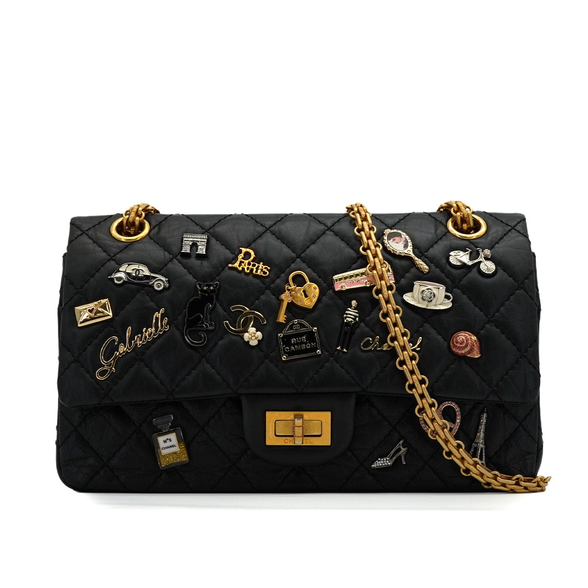 Luxury Promise Japan CHANEL MATERASSE 2.55 ICON CHARM CHAIN SHOULDER BAG BLACK LEATHER GOLD HARDWARE 90345064
