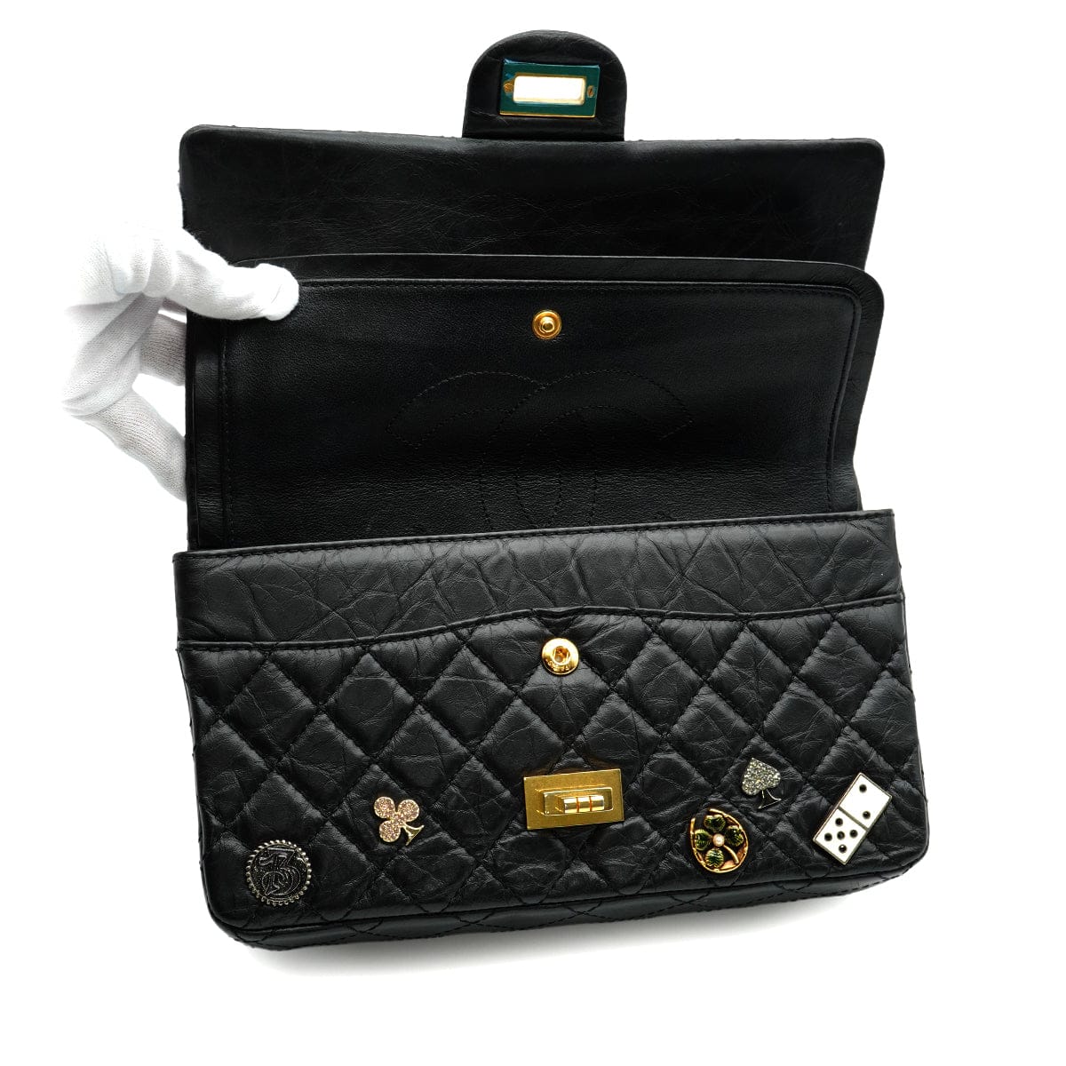 Luxury Promise Japan CHANEL MATERASSE 2.55 REISSUE CASINO LUCKY CHARM CHAIN SHOULDER BAG BLACK LEATHER GOLD HARDWARE 90344369