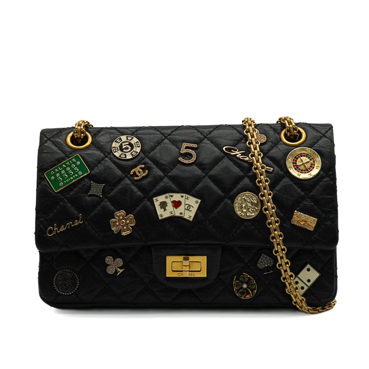Luxury Promise Japan CHANEL MATERASSE 2.55 REISSUE CASINO LUCKY CHARM CHAIN SHOULDER BAG BLACK LEATHER GOLD HARDWARE 90344369