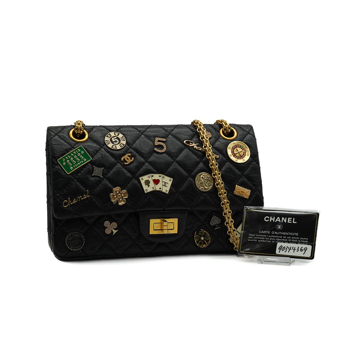 Luxury Promise Japan CHANEL MATERASSE 2.55 REISSUE CASINO LUCKY CHARM CHAIN SHOULDER BAG BLACK LEATHER GOLD HARDWARE 90344369