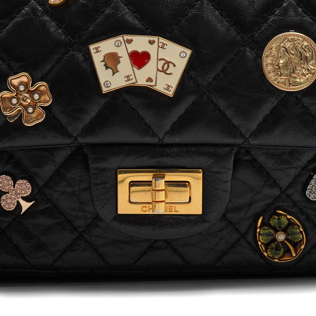 Luxury Promise Japan CHANEL MATERASSE 2.55 REISSUE CASINO LUCKY CHARM CHAIN SHOULDER BAG BLACK LEATHER GOLD HARDWARE 90344369