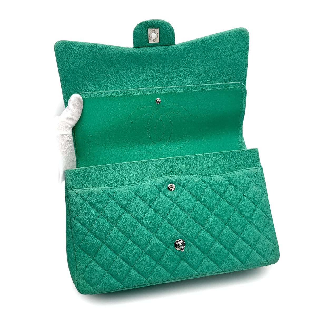 Luxury Promise Japan CHANEL MAXI MATELASSE 34 CHAIN SHOULDER BAG EMERALD GREEN CAVIAR SKIN SILVER HARDWARE 90317871