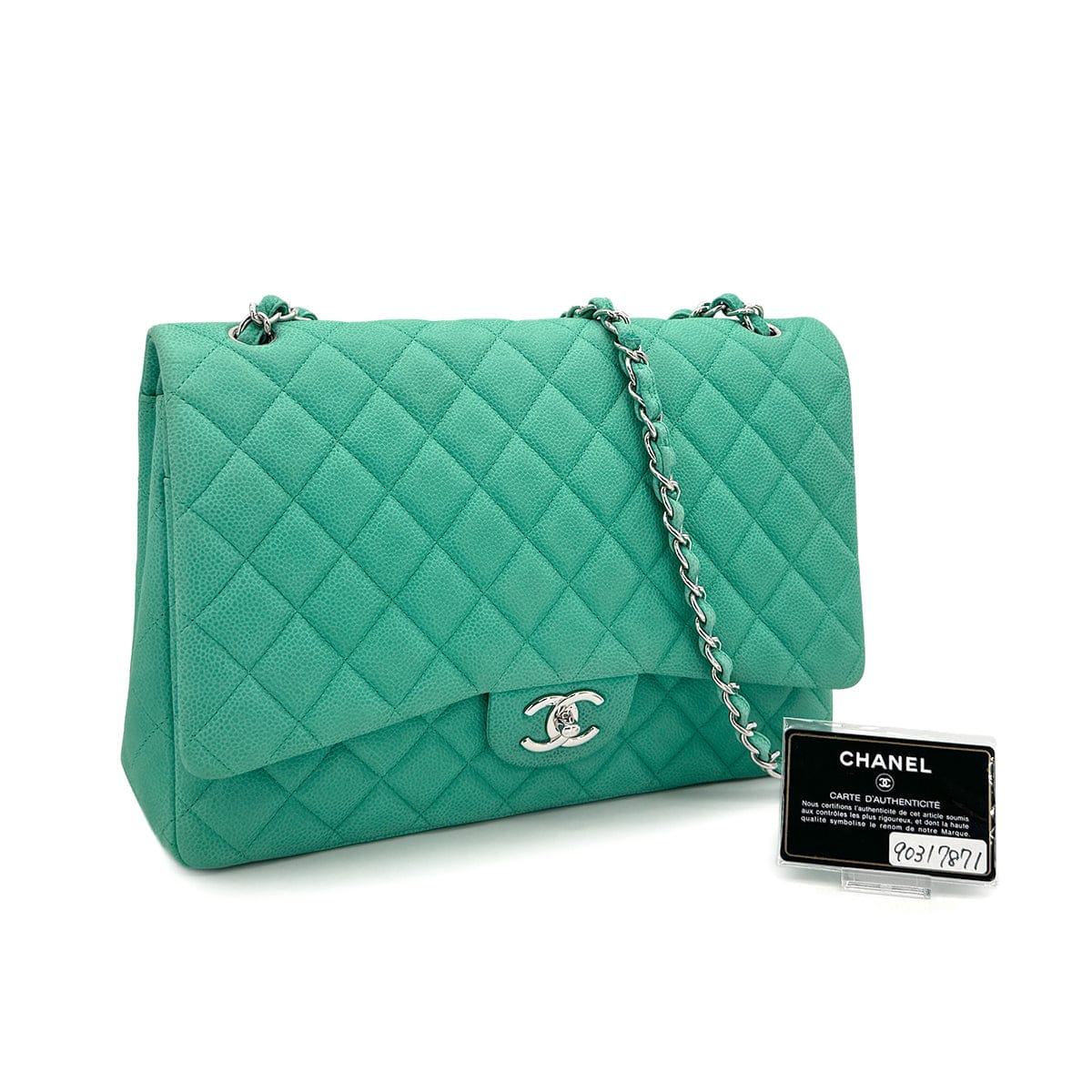 Luxury Promise Japan CHANEL MAXI MATELASSE 34 CHAIN SHOULDER BAG EMERALD GREEN CAVIAR SKIN SILVER HARDWARE 90317871