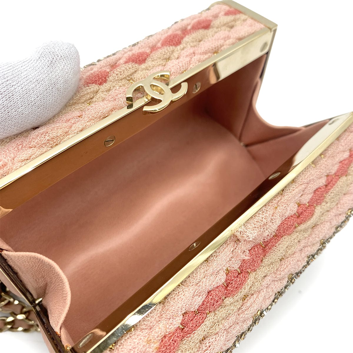 Luxury Promise Japan CHANEL MINAUDIERE CHAIN SHOULDER BAG PINK KNIT LEATHER RHINESTONE 90265911