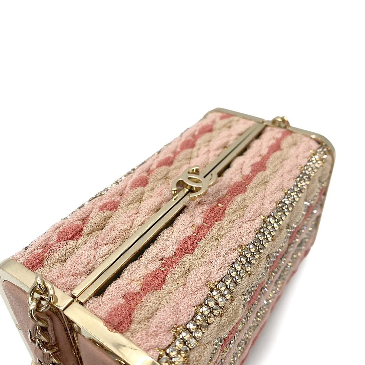 Luxury Promise Japan CHANEL MINAUDIERE CHAIN SHOULDER BAG PINK KNIT LEATHER RHINESTONE 90265911
