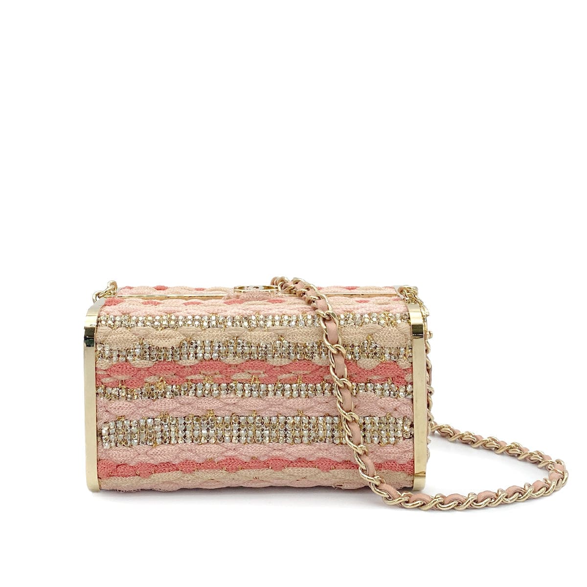 Luxury Promise Japan CHANEL MINAUDIERE CHAIN SHOULDER BAG PINK KNIT LEATHER RHINESTONE 90265911