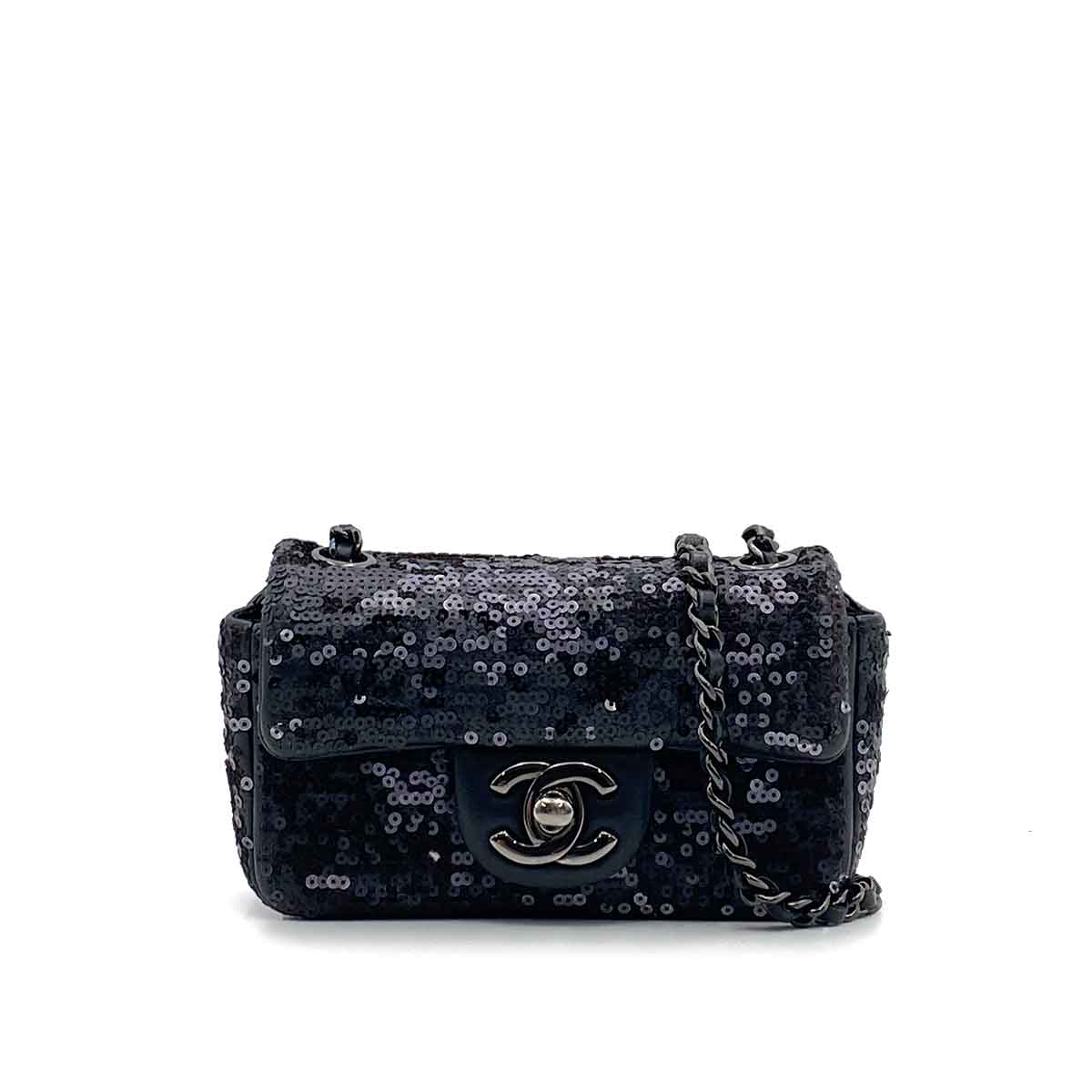 Luxury Promise Japan CHANEL MINI CHAIN SHOULDER BAG BLACK SEQUINS LEATHER 90235890