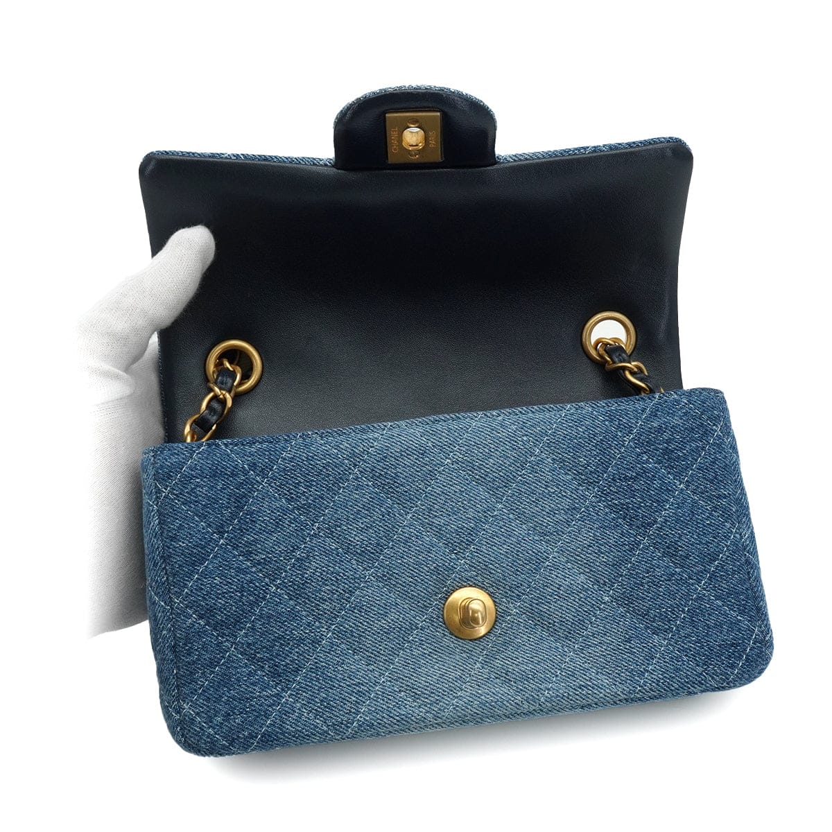 Luxury Promise Japan CHANEL MINI MATELASSE CHAIN SHOULDER BAG BLUE DENIM LAMB SKIN GOLD HARDWARE 90343616