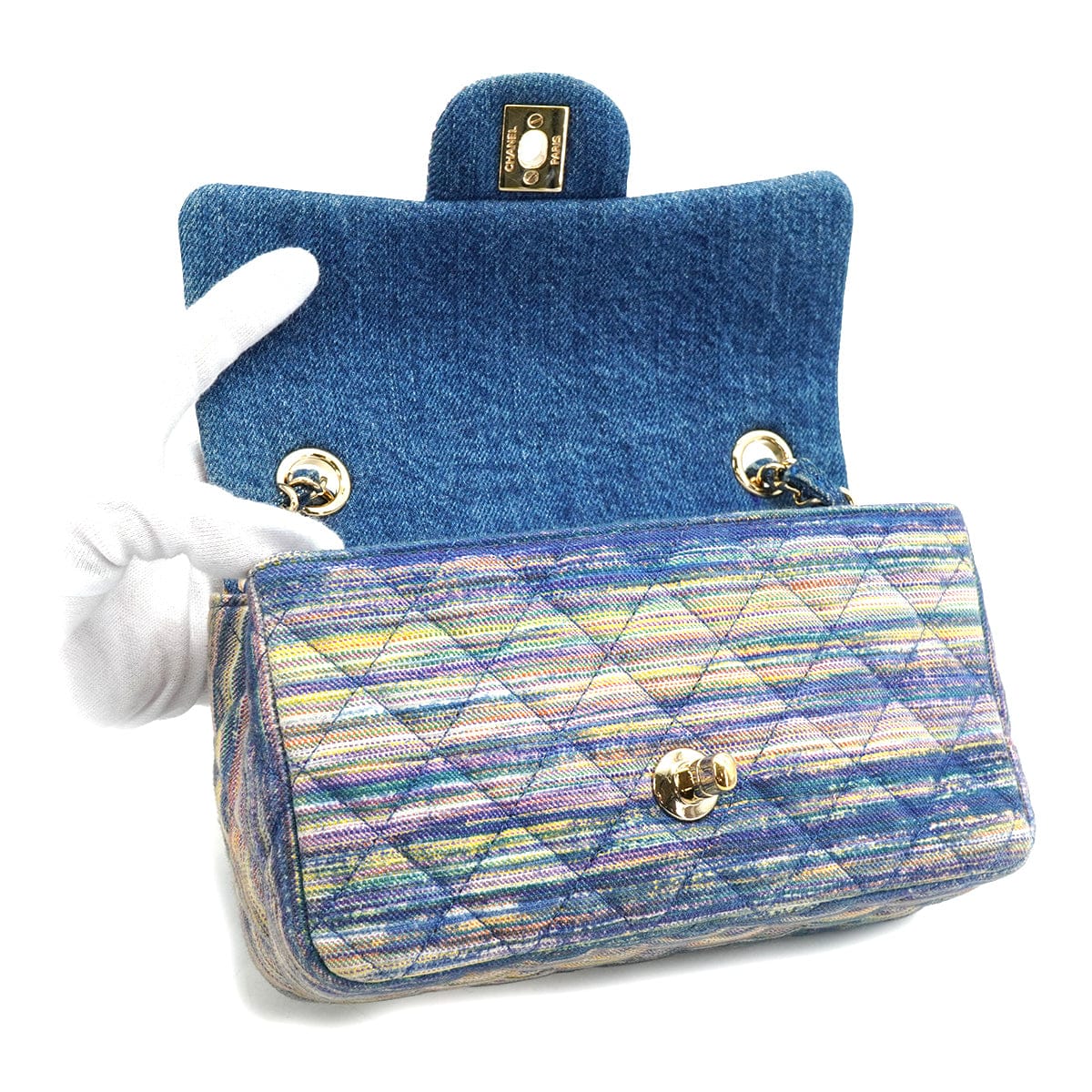 Luxury Promise Japan CHANEL MINI MATELASSE CHAIN SHOULDER BAG MULTICOLOR DENIM GOLD HARDWARE 90334871