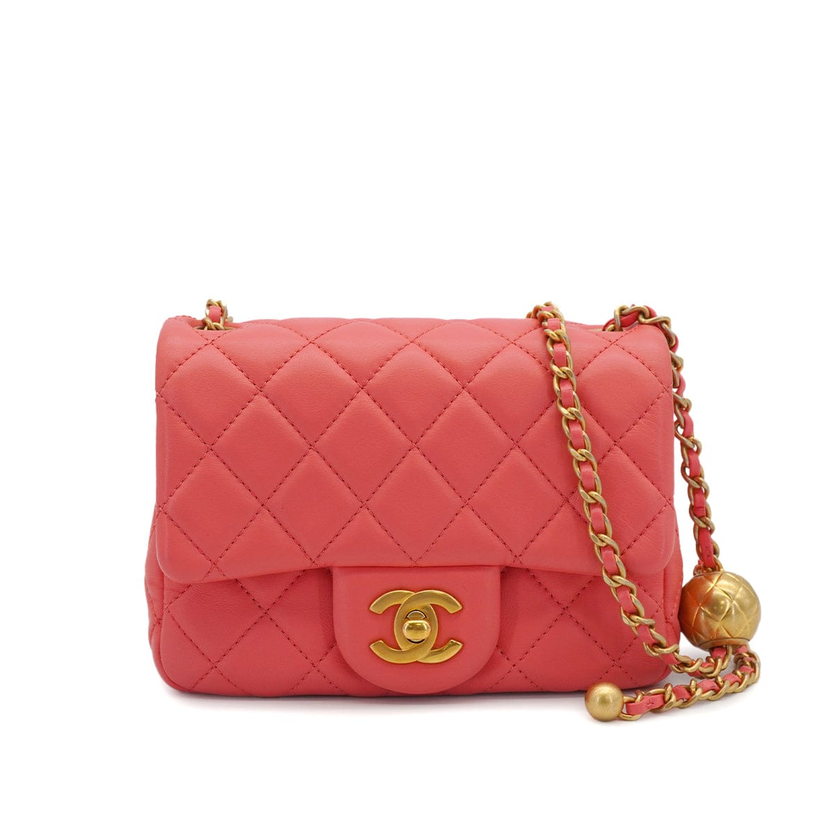 CHANEL MINI MATELASSE COCO BALL CHAIN SHOULDER BAG PINK LAMB SKIN GOLD HARDWARE 90332574