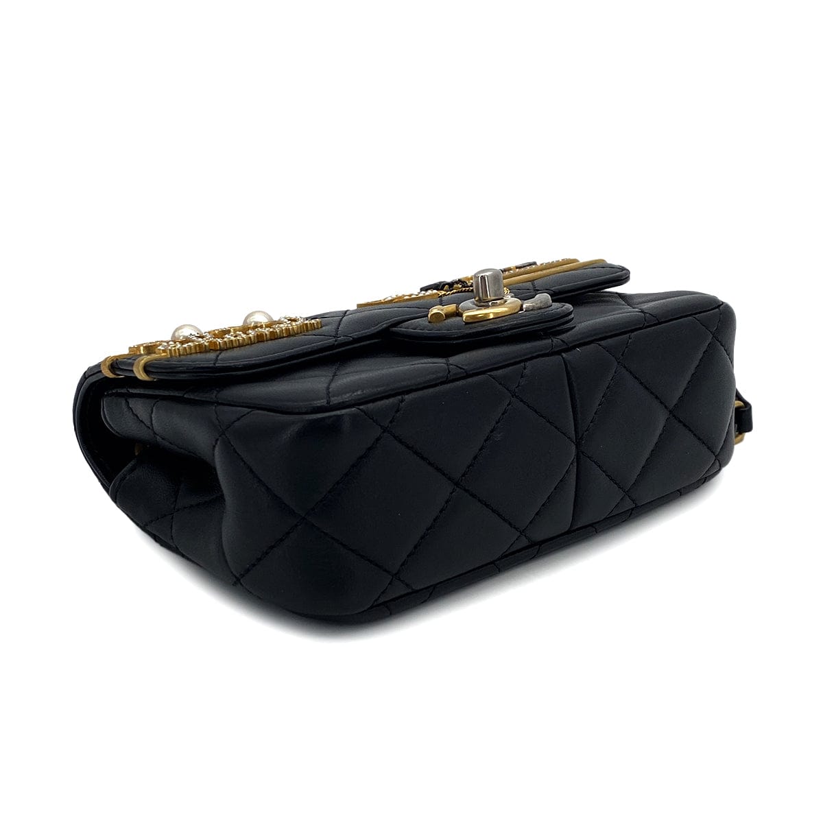 Luxury Promise Japan CHANEL MINI MATELASSE COCO CLIPS CHAIN SHOULDER BAG RHINESTONE FAUX PEARL BLACK LAMB SKIN GOLD HARDWARE 90317290