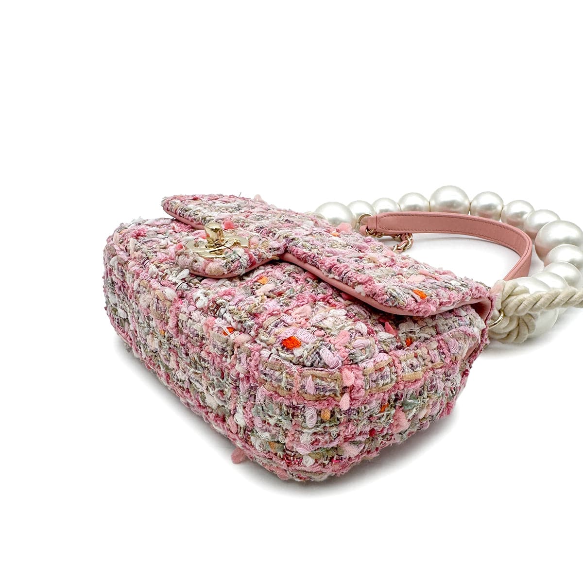Luxury Promise Japan CHANEL MINI MATELASSE FAUX PEARL CHAIN HAND SHOULDER BAG PINK TWEED 90306516