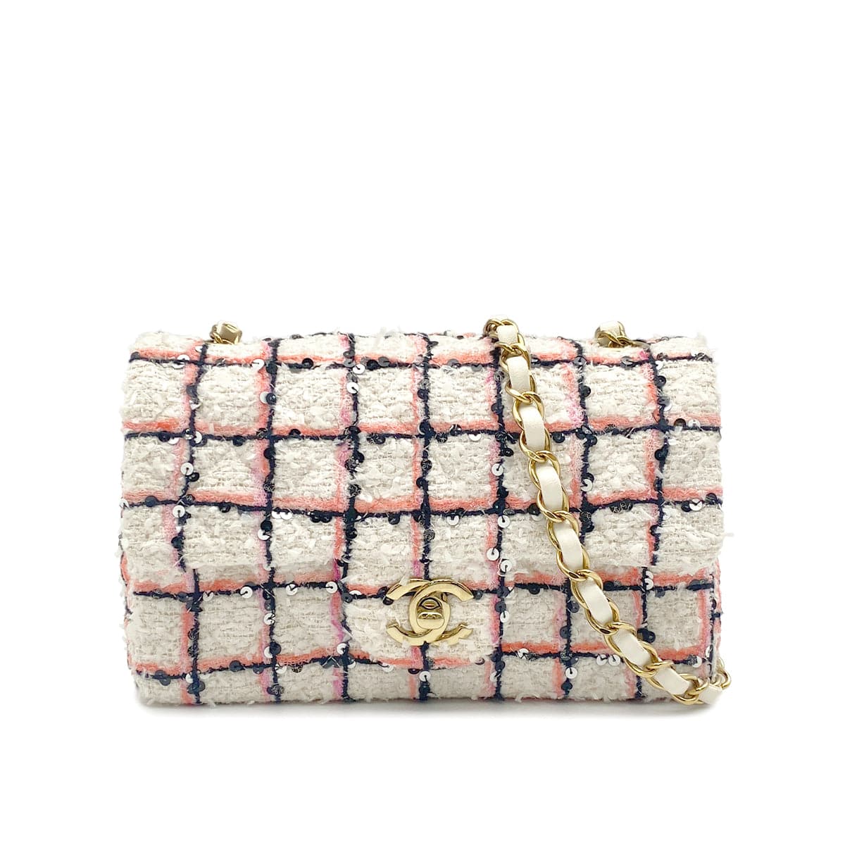 Luxury Promise Japan CHANEL MINI MATELASSE TWEED SEQUINS CHAIN SHOULDER BAG WHITE PINK BLACK GOLD HARDWARE 90325331