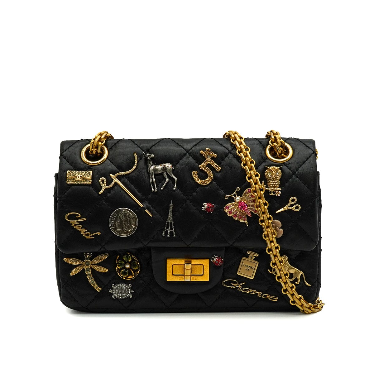 Luxury Promise Japan CHANEL MINI MATERASSE 2.55 LUCKY CHARM CHAIN SHOULDER BAG BLACK LEATHER GOLD HARDWARE 90344450