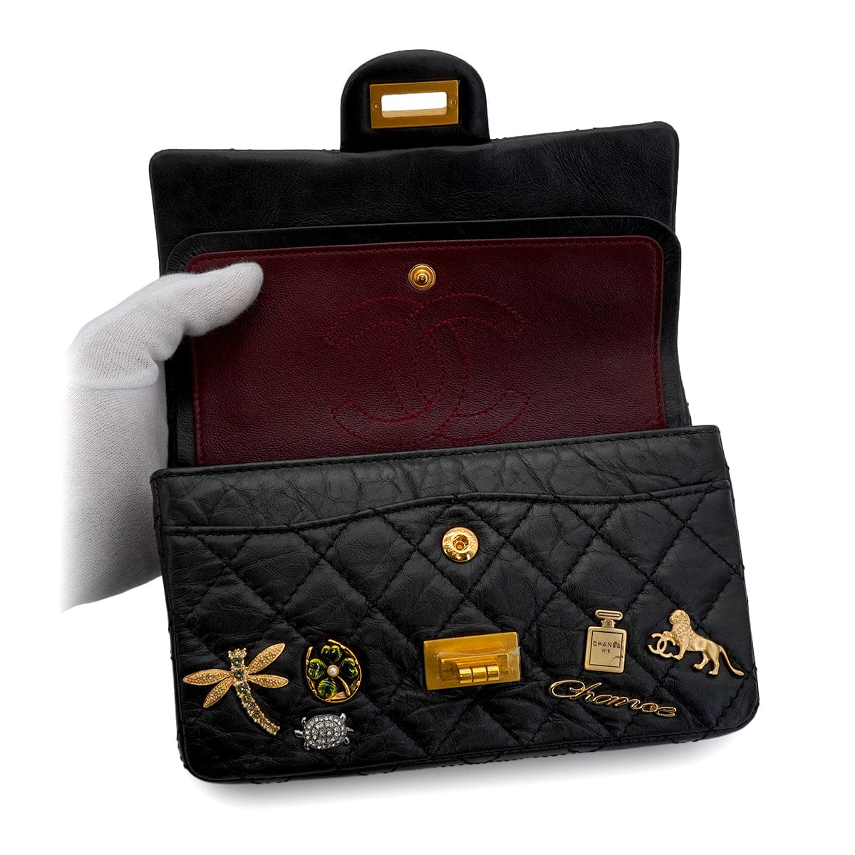 Luxury Promise Japan CHANEL MINI MATERASSE 2.55 LUCKY CHARM CHAIN SHOULDER BAG BLACK LEATHER GOLD HARDWARE 90344457