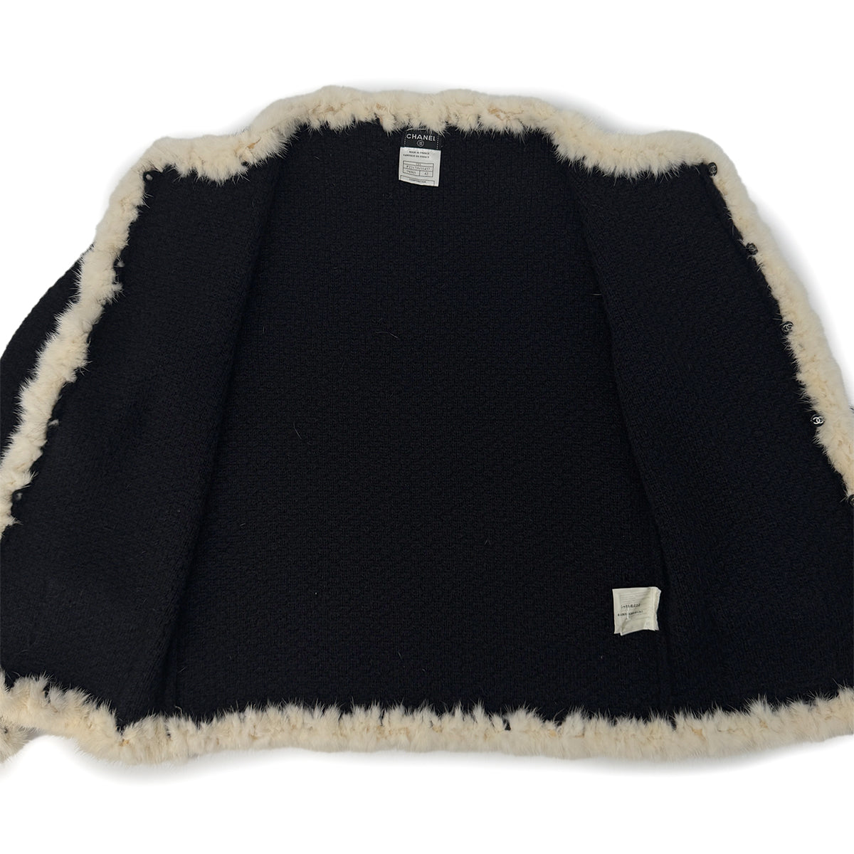 Luxury Promise Japan CHANEL MINK KNIT JACKET BLACK ECRU MOHAIR 42 03A RTW 90296577