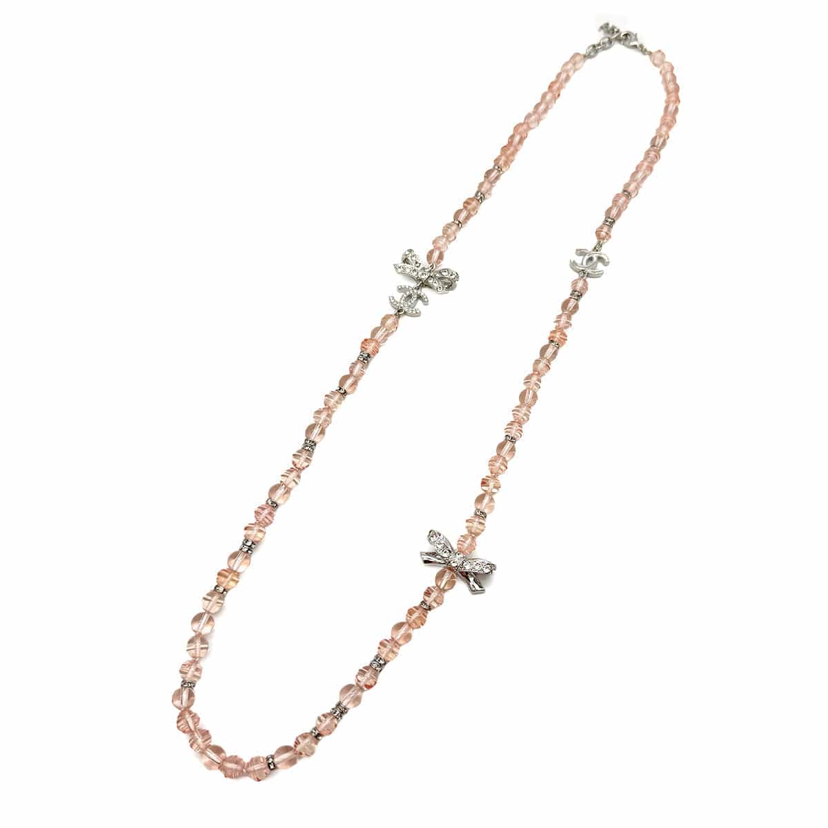 Luxury Promise Japan CHANEL NECKLACE BEADS COCOMARK RIBBON RHINESTONE PINK ACCESSORY B23S 90310258