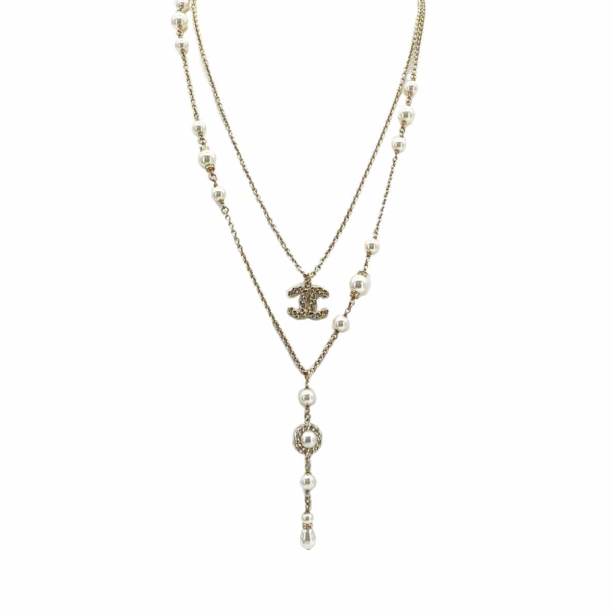 Luxury Promise Japan CHANEL NECKLACE COCOMARK DOUBLE CHAIN FAUX PEARL RHINESTONE ACCESSORY B19P 90301667