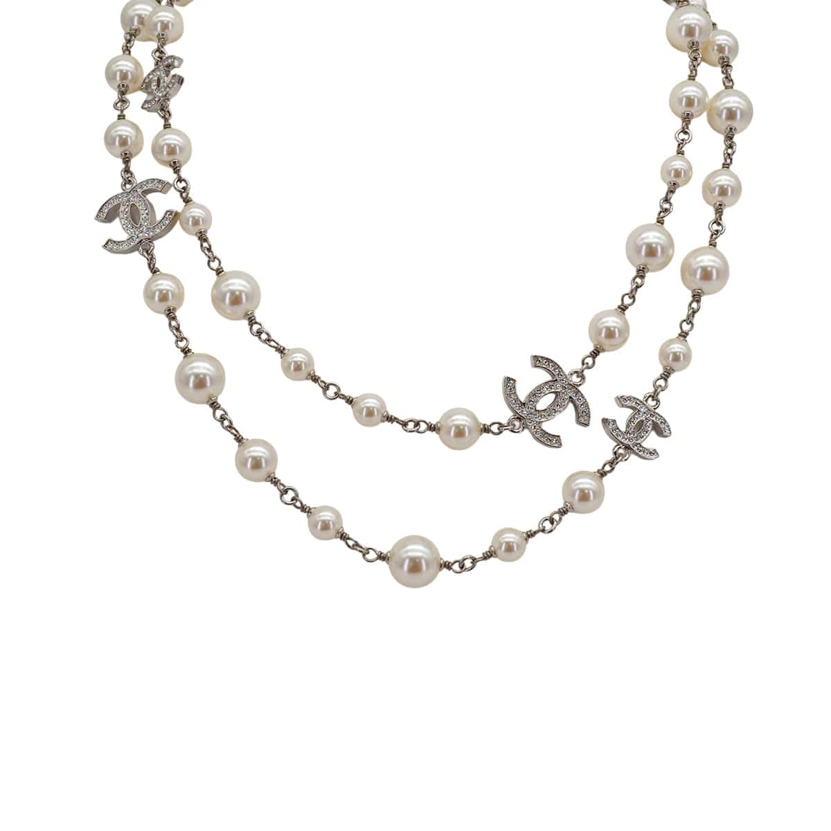 Luxury Promise Japan CHANEL NECKLACE COCOMARK FAUX PEARL RHINESTONE WHITE SILVER ACCESSORY A23V 90321031