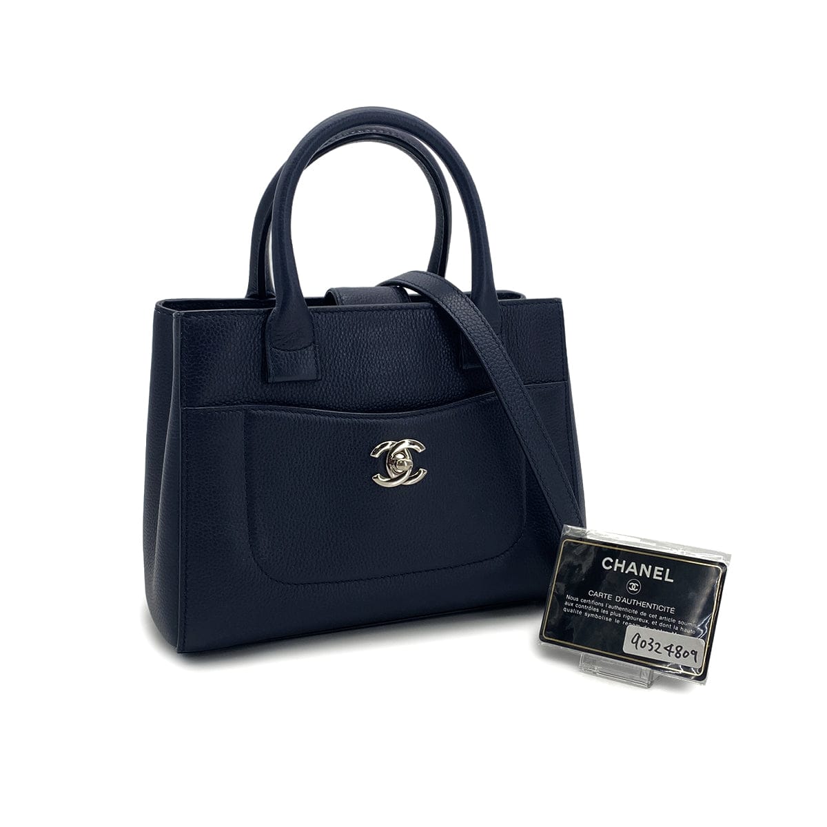 Luxury Promise Japan CHANEL NEO EXECUTIVE TOTE SHOULDER BAG NAVY LEATHER SILVER HARDWARE 90324809