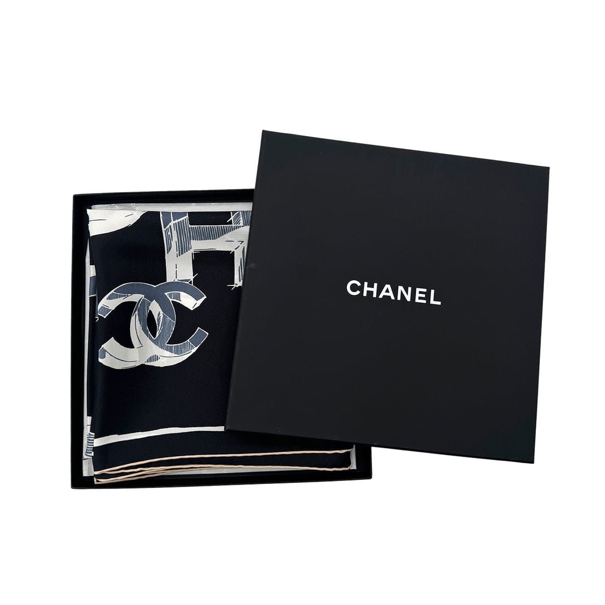 Luxury Promise Japan CHANEL SCARF COCOMARK LOGO PATTERN BALCK SILK 90292107