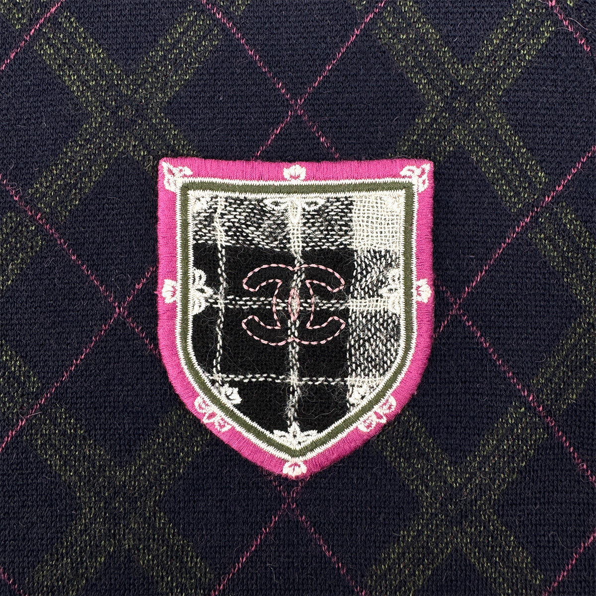 Luxury Promise Japan CHANEL SHORT SLEEVE TOPS ARGYLE PATTERN NAVY PINK CASHMERE 44 P46 RTW 90299826