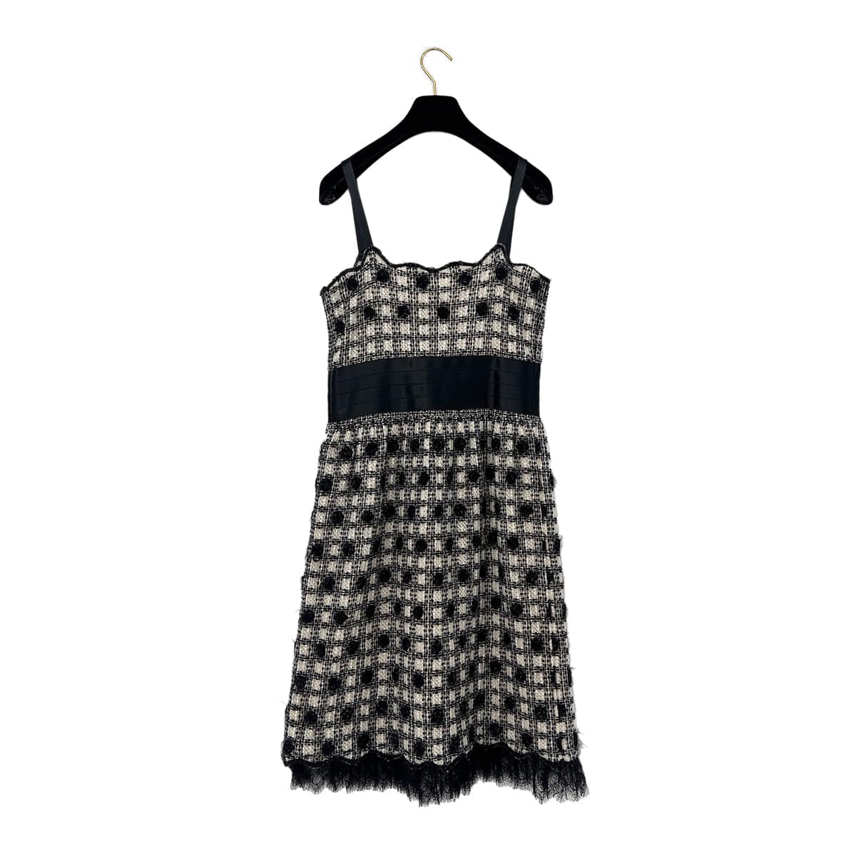 Luxury Promise Japan CHANEL SLEEVELESS RACE DRESS COCOMARK RHINESTONE BLACK WHITE RAYON 40 06A RTW 90289557