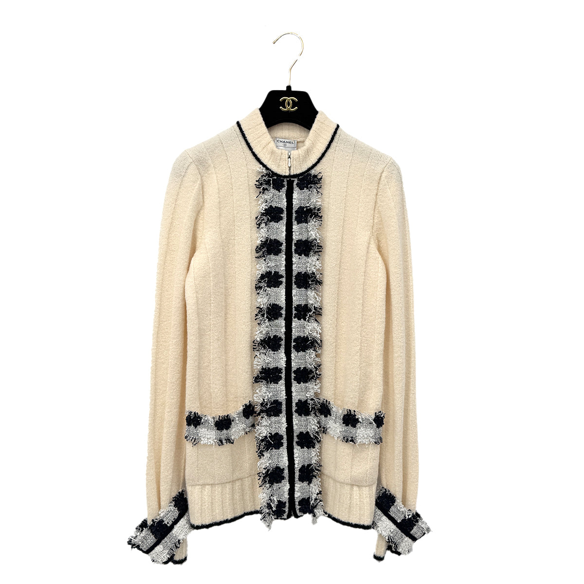 Luxury Promise Japan CHANEL TWEED CARDIGAN IVORY BLACK CASHMERE 38 05A RTW 90292789