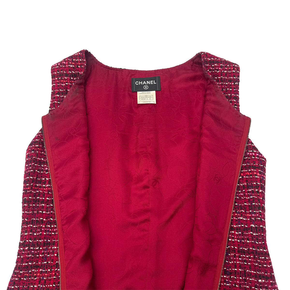 Luxury Promise Japan CHANEL TWEED COCO BUTTON SLEEVELESS ZIP DRESS RED WOOL 42 01A RTW 90283150
