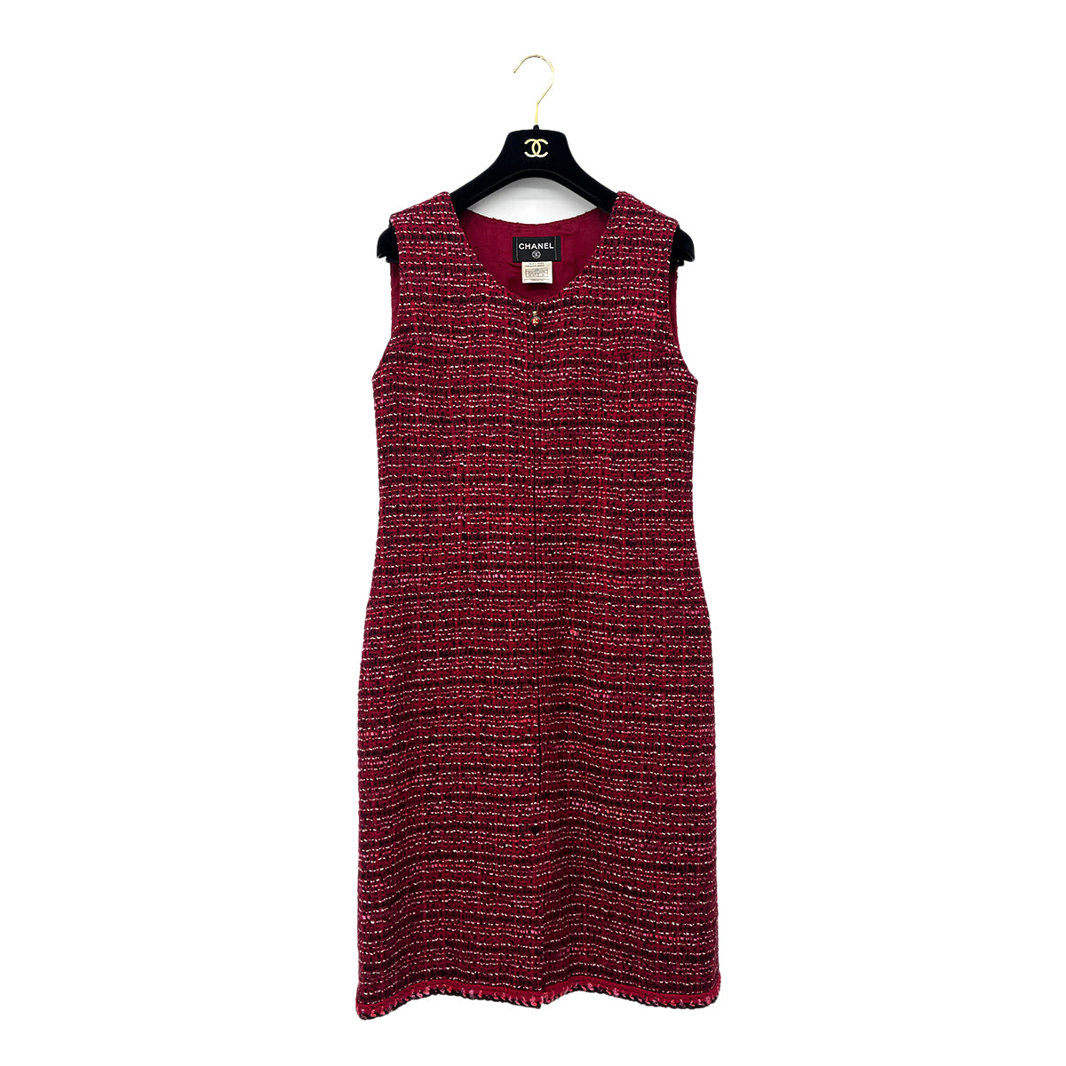 Luxury Promise Japan CHANEL TWEED COCO BUTTON SLEEVELESS ZIP DRESS RED WOOL 42 01A RTW 90283150