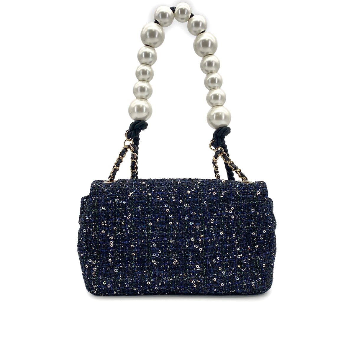 luxury promise japan CHANEL TWEED SEQUINS FAUX PEARL CHAIN HAND SHOULDER BAG NAVY BLACK TWEED GOLD HARDWARE 90317906