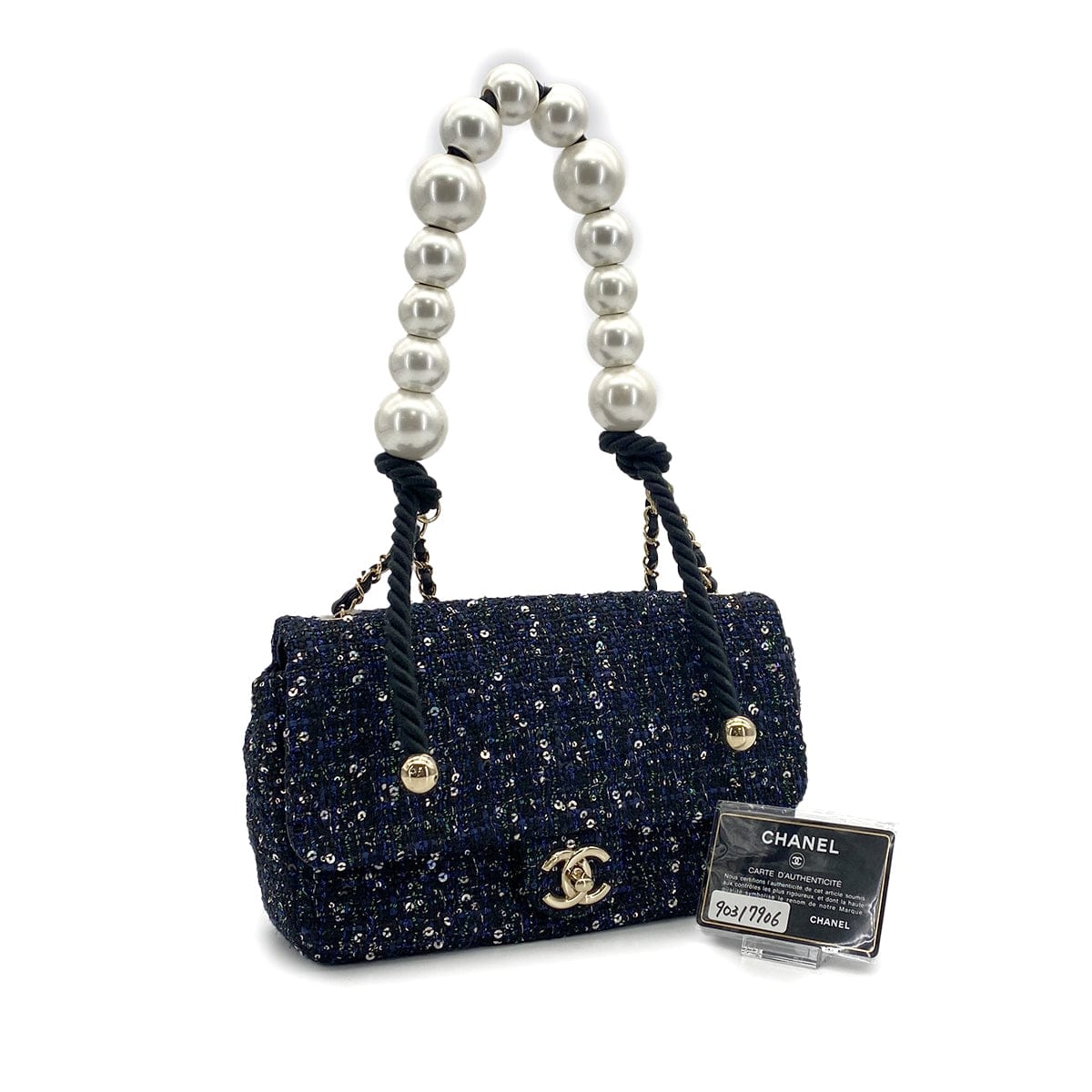 luxury promise japan CHANEL TWEED SEQUINS FAUX PEARL CHAIN HAND SHOULDER BAG NAVY BLACK TWEED GOLD HARDWARE 90317906