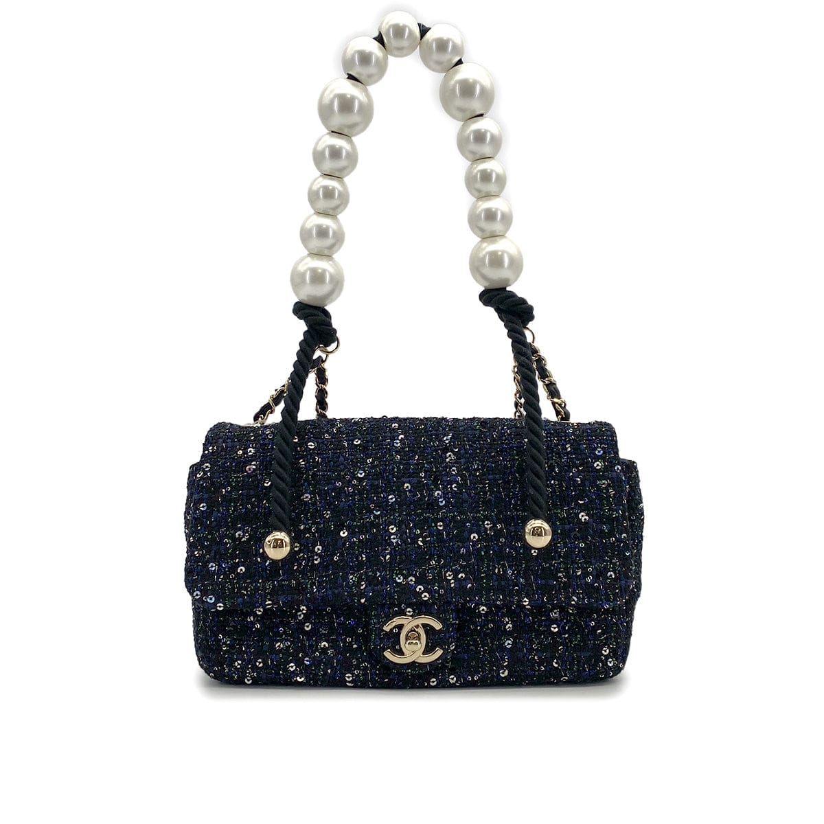luxury promise japan CHANEL TWEED SEQUINS FAUX PEARL CHAIN HAND SHOULDER BAG NAVY BLACK TWEED GOLD HARDWARE 90317906
