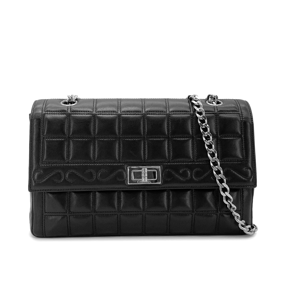 Luxury Promise Japan CHANEL VINTAGE 2.55 CHOCOLATE BAR RHINESTONE CHAIN SHOULDER BAG BLACK LAMB SKIN 90272503
