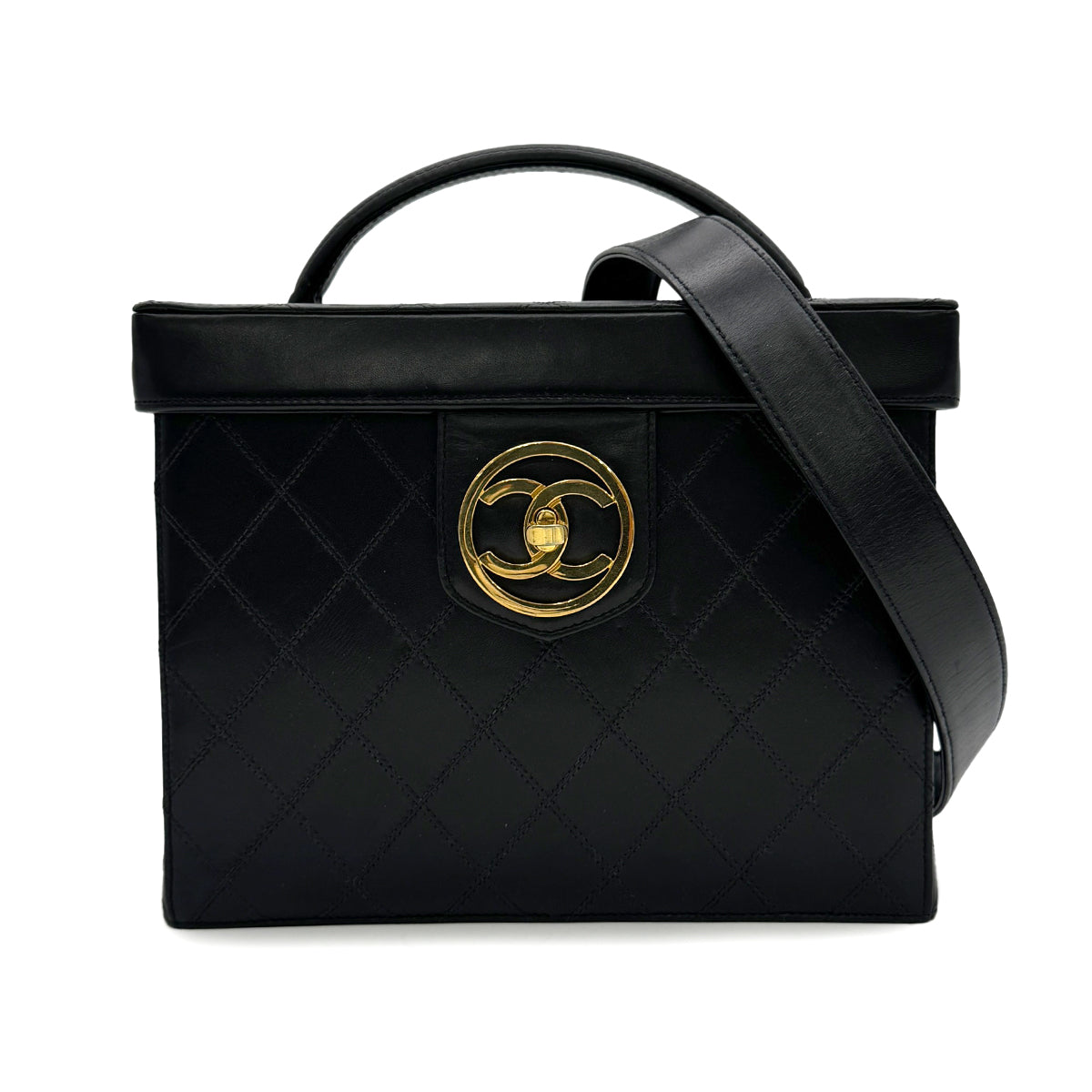 Luxury Promise Japan CHANEL VINTAGE BICOLORE 2WAY VANITY HAND SHOULDER BAG BLACK LAMB SKIN 90302941