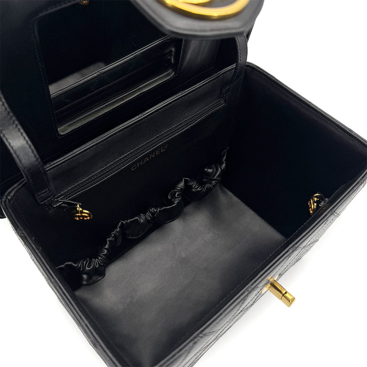 Luxury Promise Japan CHANEL VINTAGE BICOLORE TURN LOCK VANITY HAND SHOULDER BAG BLACK LEATHER 90306858