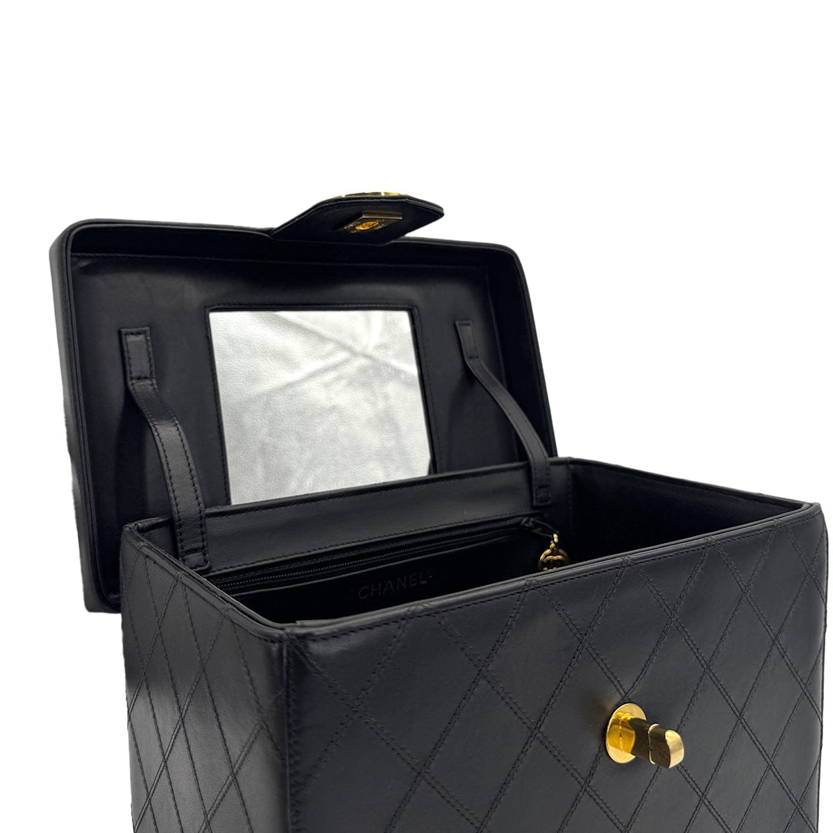 Luxury Promise Japan CHANEL VINTAGE BICOLORE TURN LOCK VANITY HAND SHOULDER BAG BLACK LEATHER 90306858