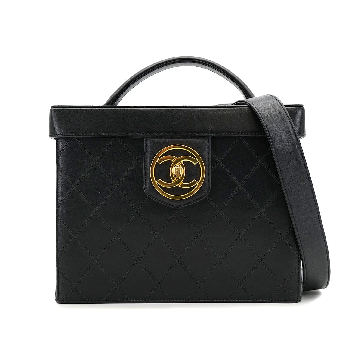 Luxury Promise Japan CHANEL VINTAGE BICOLORE TURN LOCK VANITY HAND SHOULDER BAG BLACK LEATHER 90306858