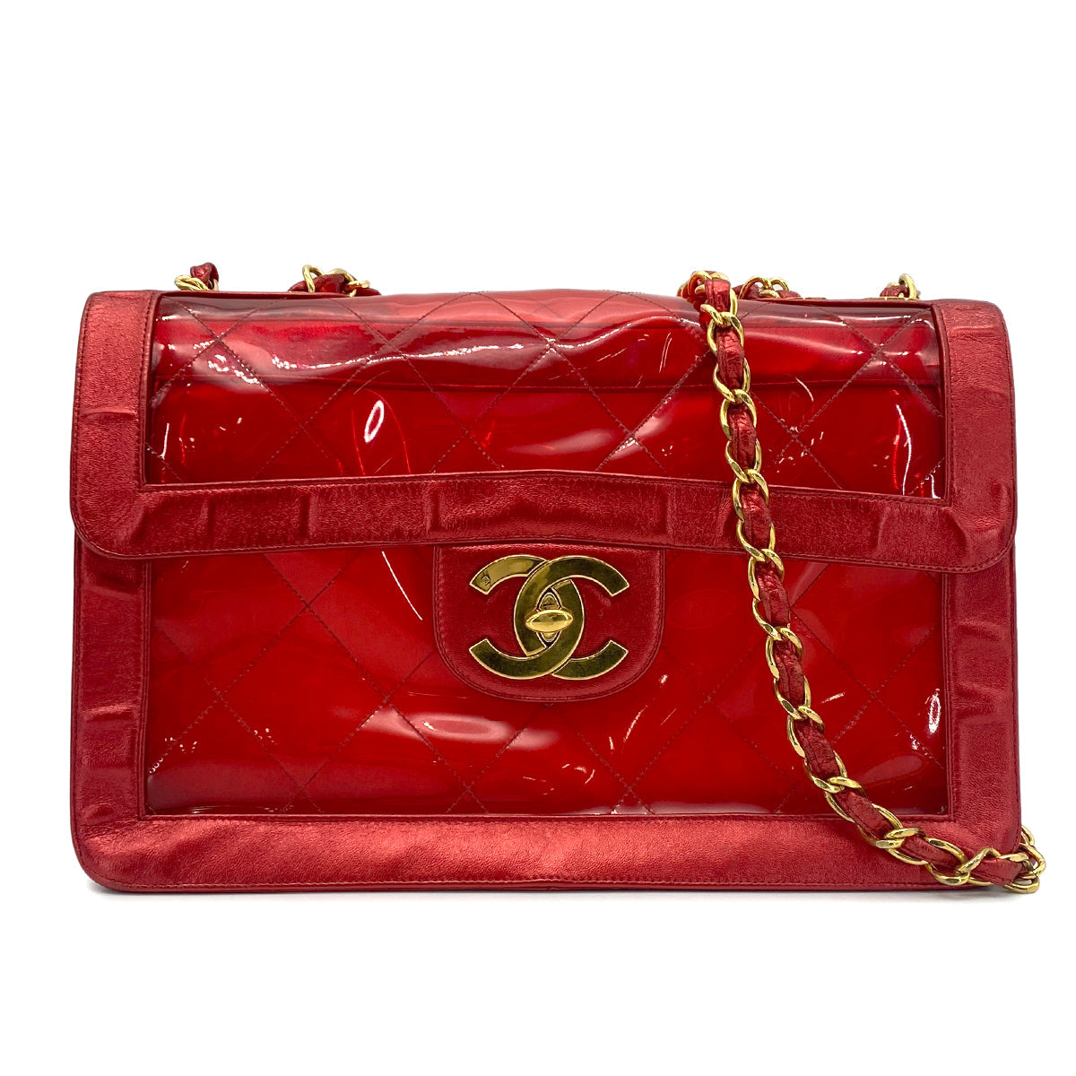 Luxury Promise Japan CHANEL VINTAGE BIG COCO CLEAR CHAIN SHOULDER BAG RED VINYL LEATHER 90277070