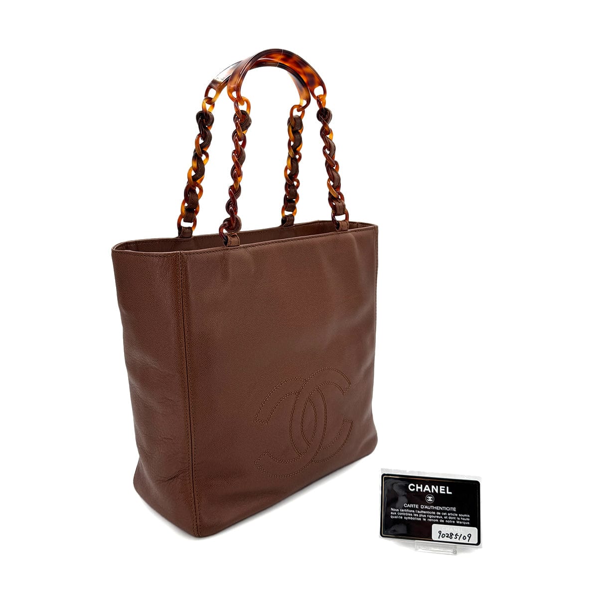 Luxury Promise Japan CHANEL VINTAGE BIG COCO TORTOISESHELL HANDLE CHAIN TOTE BAG BROWN LAMB SKIN 90285109