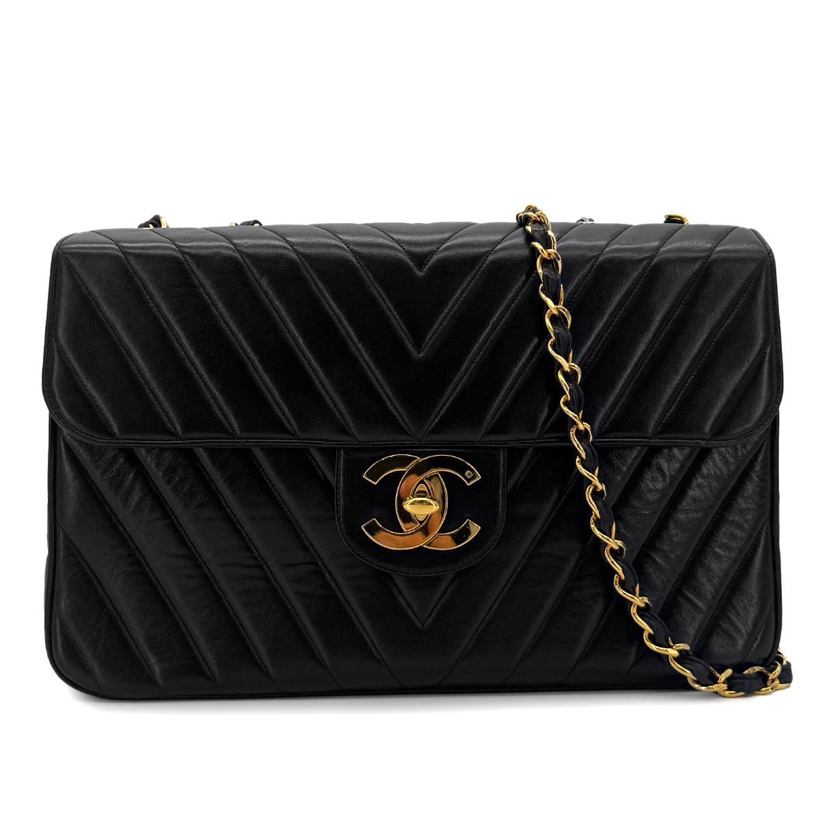 Luxury Promise Japan CHANEL VINTAGE CHEVRON CHAIN SHOULDER BAG BLACK LAMB SKIN 90286581