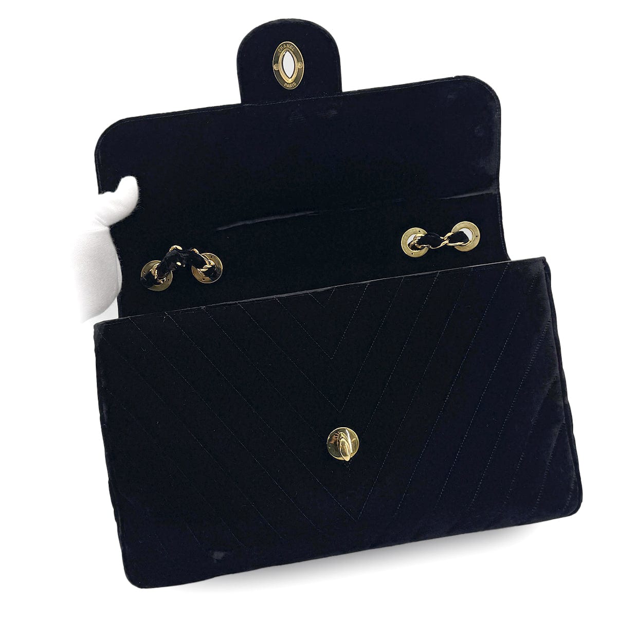 Luxury Promise Japan CHANEL VINTAGE CHEVRON CHAIN SHOULDER BAG BLACK VELOR 90280645