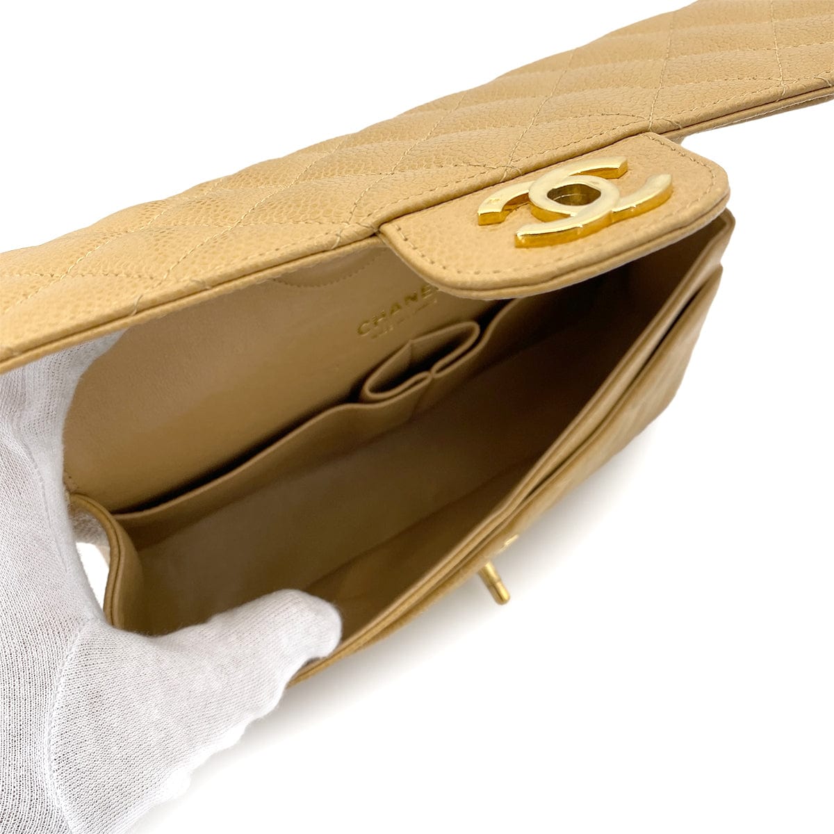 Luxury Promise Japan CHANEL VINTAGE CLASSIC FLAP MEDIUM CHAIN SHOULDER BAG BEIGE CAVIAR SKIN 90253882