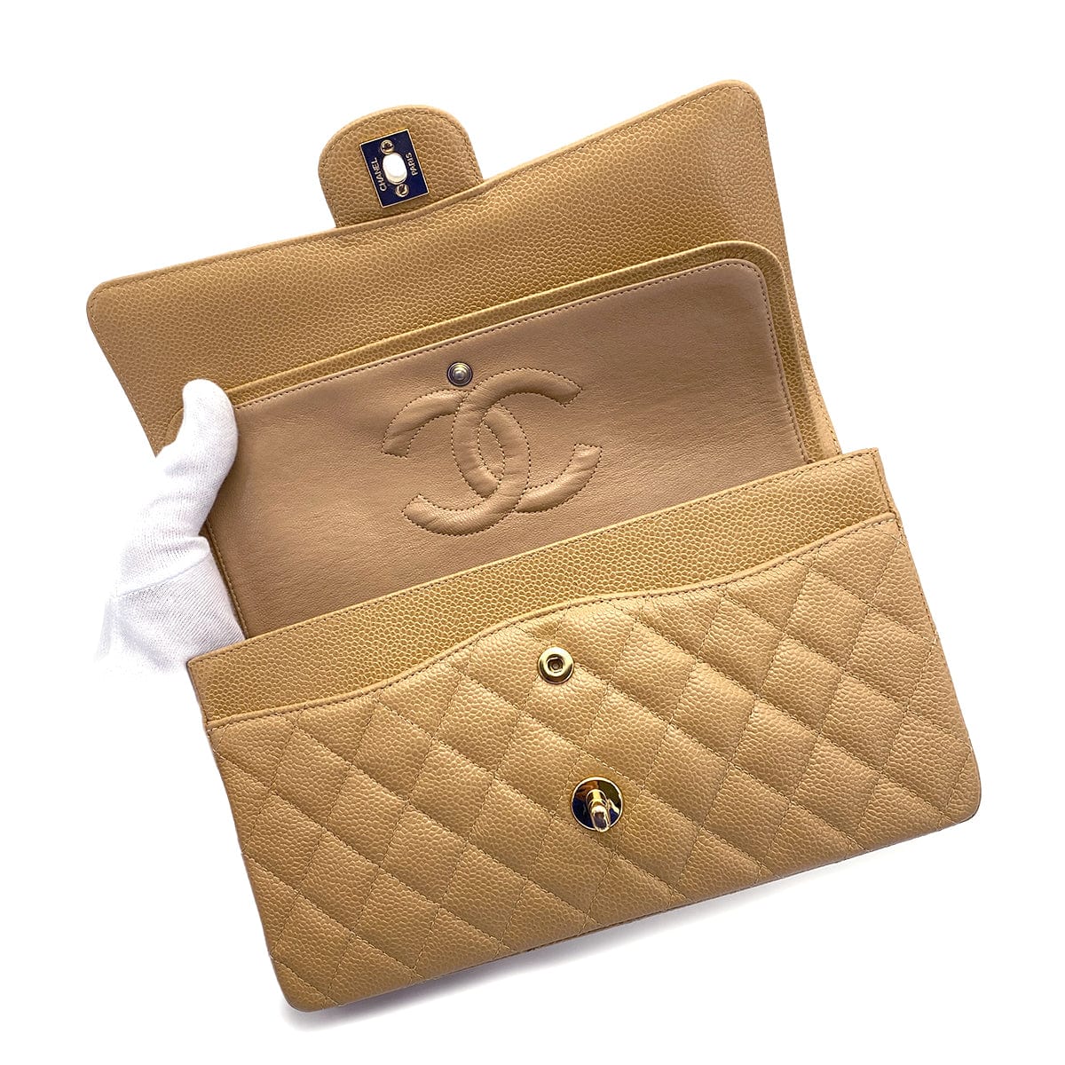 Luxury Promise Japan CHANEL VINTAGE CLASSIC FLAP MEDIUM CHAIN SHOULDER BAG BEIGE CAVIAR SKIN 90265918