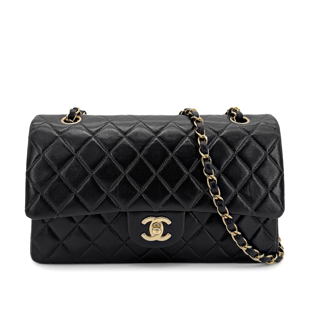 Luxury Promise Japan CHANEL VINTAGE CLASSIC FLAP MEDIUM CHAIN SHOULDER BAG BLACK LAMB SKIN 90204386
